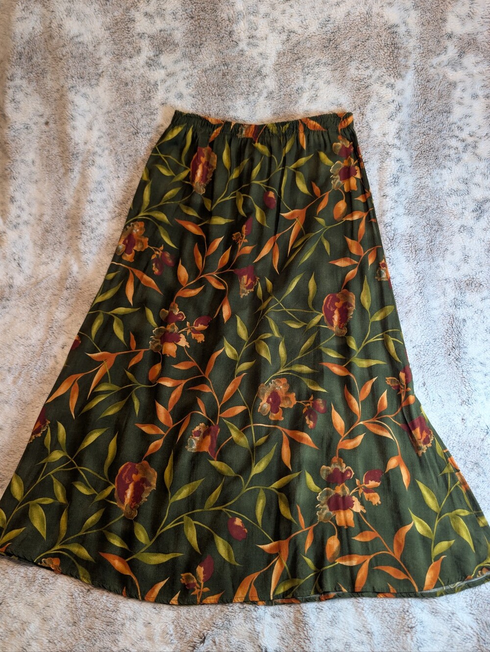 90s Whimsigoth Earthy Floral Botanical Crinkle Rayon A-Line Maxi Skirt Size Larg
